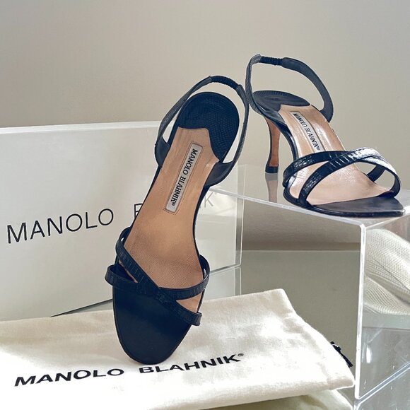 Manolo Blahnik Kitten Heel Black Sandals 70mm - Size 37 - Picture 1 of 7